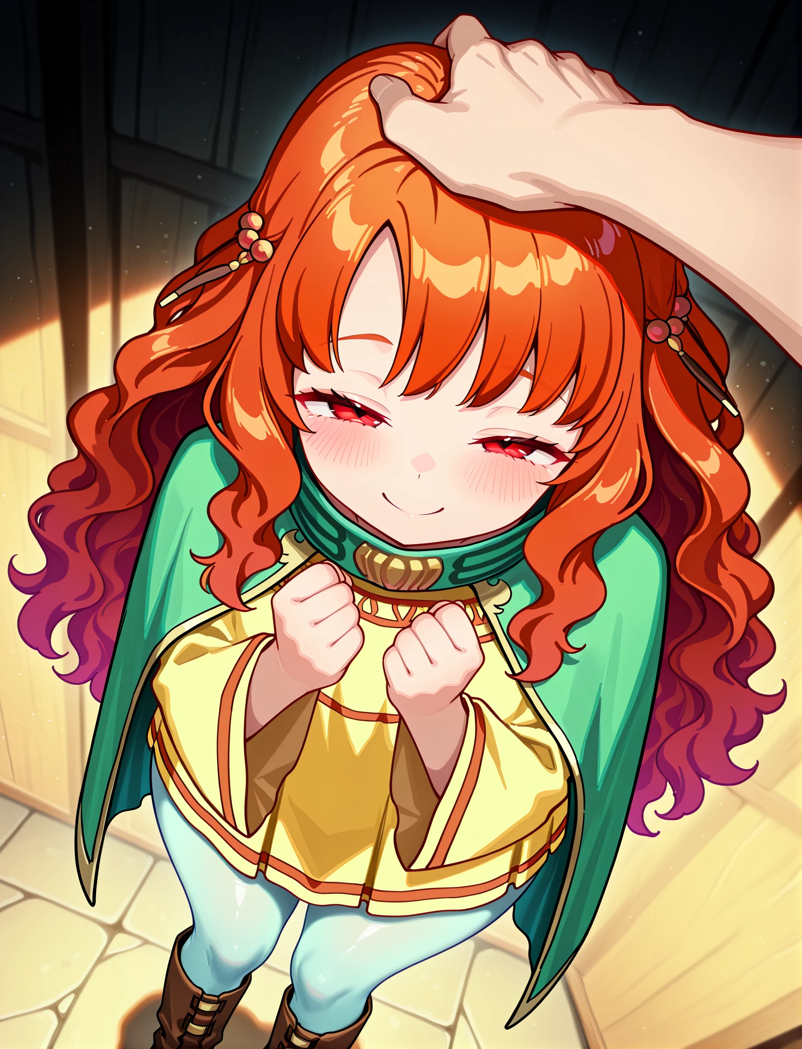 <lora:LECO-mature_female_XL(ill)v11:1> thick thighs, wide hips, curvy, plump,
<lora:YuneRD:1> YuneRD, long hair, wavy hair, orange hair, red eyes, yellow poncho, light-blue pantyhose, brown boots, green cape,
<lora:headpat-pov-illustriousxl-lora-nochekaiser:1> headpat pov, blush, from above, looking up, pov, pov hands, headpat, half-closed eyes, looking at viewer, hands up, clenched hands, smile,, masterpiece, best quality, amazing quality, very aesthetic, absurdres, newest, Smooth_Quality
