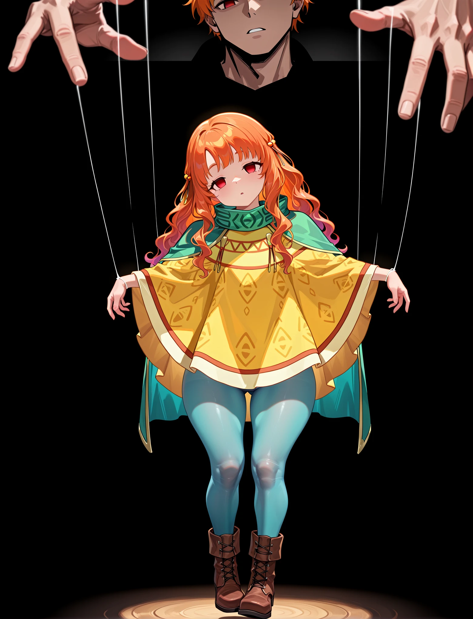 <lora:LECO-mature_female_XL(ill)v11:1> thick thighs, wide hips, curvy, plump,
<lora:YuneRD:1> YuneRD, long hair, wavy hair, orange hair, red eyes, yellow poncho, light-blue pantyhose, brown boots, green cape,
<lora:puppet_strings_illustrious:0.8> ppptstrngs, puppet strings, string, 1boy, 1girl, empty eyes, out of frame, black background, suspension, lifted by another, raised legs, dangling, limp body, head tilt, bdsm, restrained, masterpiece, best quality, amazing quality, very aesthetic, absurdres, newest, Smooth_Quality