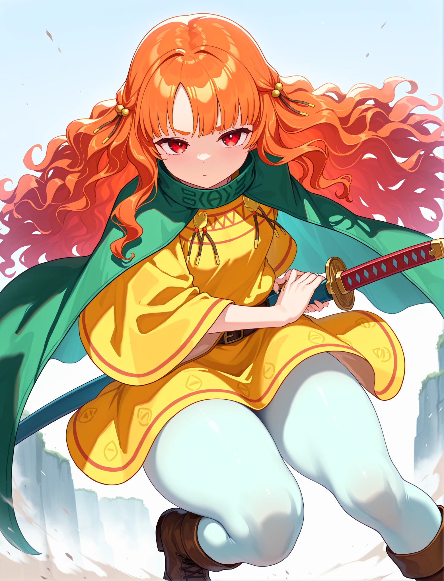 <lora:LECO-mature_female_XL(ill)v11:1> thick thighs, wide hips, curvy, plump,
<lora:YuneRD:1> YuneRD, long hair, wavy hair, orange hair, red eyes, yellow poncho, light-blue pantyhose, brown boots, green cape,
<lora:battoujutsu stance - XL - IL v1.0:1> weapon, holding sword, battoujutsu, battoujutsu stance, ready to draw, sheathed, unsheathing, scabbard, dynamic pose,, masterpiece, best quality, amazing quality, very aesthetic, absurdres, newest, Smooth_Quality