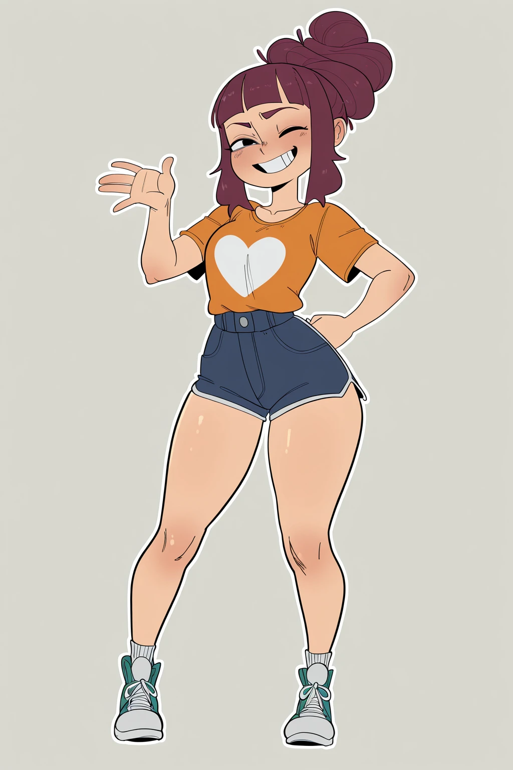 A sexy girl, beautiful action, big breast, dark red hair, cut her eye, pink eyelash, fire red, wears black top, short sleeves, shows navel, sexy curve, and a pair of denim pants, brown shoes.