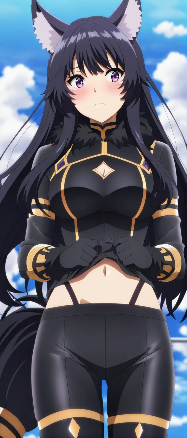 (Masterpiece、Highest quality、Very detailed、4K)、One Woman、17 years old、Cute cat ears、Jet Black Hair、Long Hair、(((delta)))、chest、Beautiful arms、Beautiful thighs