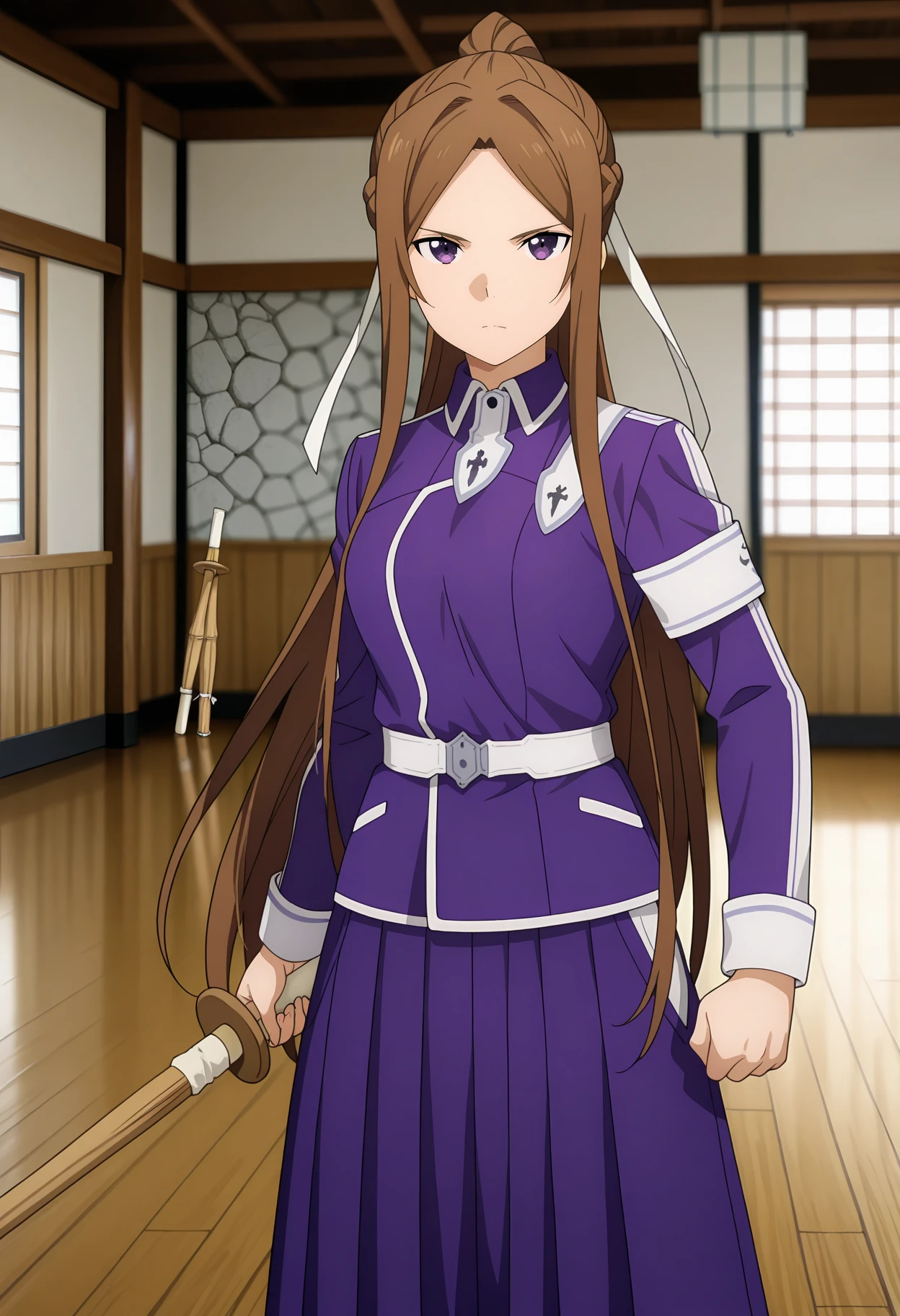 anime screencap, masterpiece, best quality,
1girl, solo, serious,
parted bangs, french braid, high ponytail, very long hair, brown hair, purple eyes, hair ribbon, white ribbon,
collared jacket, purple jacket, white armband, long sleeves, white belt, long skirt, pleated skirt, purple skirt,
holding sword, shinai,
fighting stance, looking at viewer, cowboy shot,
indoors, stone wall, wooden floor, dojo, photo background, blurry background,
<lora:SwordArtOnline_SortilienaSerlut_IlluXL:0.9>