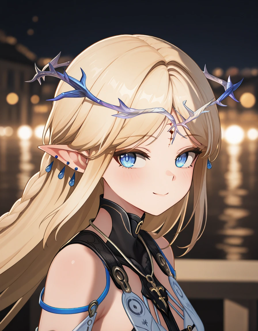 very awa, masterpiece, best quality, year 2024, newest, highres, absurdres,
1girl, cartethyia, blue eyes, grey pupils, blonde hair, forehead tattoo, crown of thorns, teardrop earrings, dress, necklace, happy, smile, looking back,
portrait, face focus, turning head, floating hair,
night, bokeh