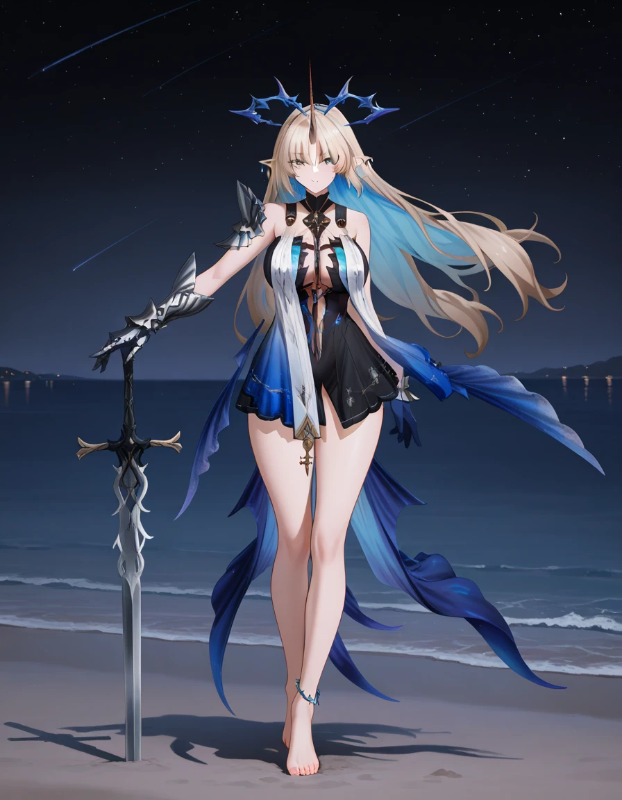 very awa, masterpiece, best quality, year 2024, newest, highres, absurdres,
1girl, fleurdelys, blue eyes, blonde hair, colored inner hair, blue hair, single horn, spiked halo, floating earrings, dress, armor, necklace, barefoot, anklet, looking at viewer,
full body, standing, planted sword, pose,
night, dark background, shore, starry sky