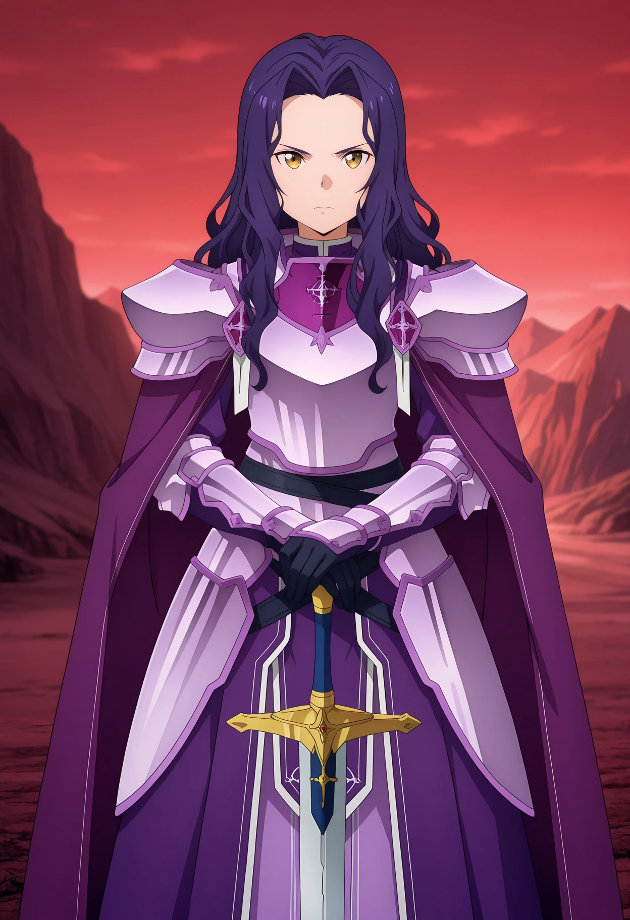 anime screencap, masterpiece, best quality,
1girl, solo, closed mouth, serious,
hair intakes, wavy hair, forehead, long hair, purple hair, yellow eyes,
knight, armored dress, purple cape, purple armor, pauldrons, gauntlets, black gloves, black belt, faulds, long skirt, purple skirt,
hands on hilt, planted sword,
standing, looking at viewer, cowboy shot,
red sky, scenery, mountain, dark, photo background, blurry background,
<lora:SwordArtOnline_FanatioSynthesisTwo_IlluXL:0.9>