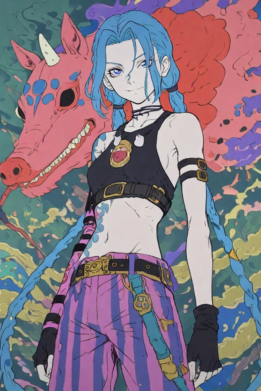 jinx, blue hair, pale skin, choker, smile, blue eyes, long blue twin pigtails, tattoo,crop top, sleeve, armbands, purple striped pants, gloves, belt, 1girl, solo, alone, <lora:mononoke_style_illustriousXL-000023:1>, mononoke_style, masterpiece, highres