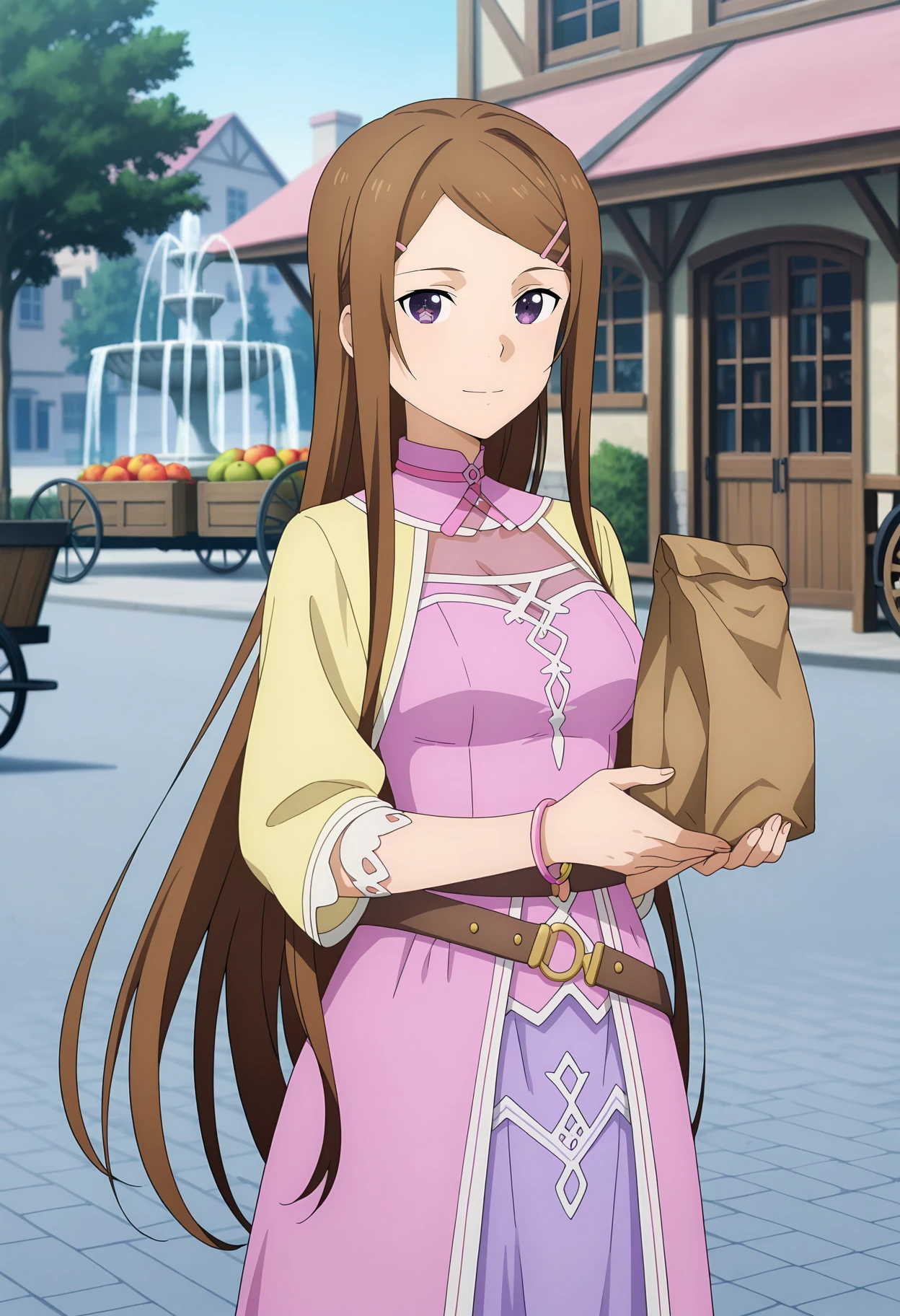 anime screencap, masterpiece, best quality,
1girl, solo, closed mouth, light smile,
swept bangs, very long hair, brown hair, purple eyes, hairclip,
pink collar, yellow sleeves, see-through cleavage, pink dress, medium breasts, bracelet, loose belt, brown belt, light purple skirt,
holding, paper bag,
standing, looking at viewer, cowboy shot,
medieval, fountain, tree, cart, fruit, house, window, street, city, day, photo background, blurry background,
<lora:SwordArtOnline_SortilienaSerlut_IlluXL:0.9>