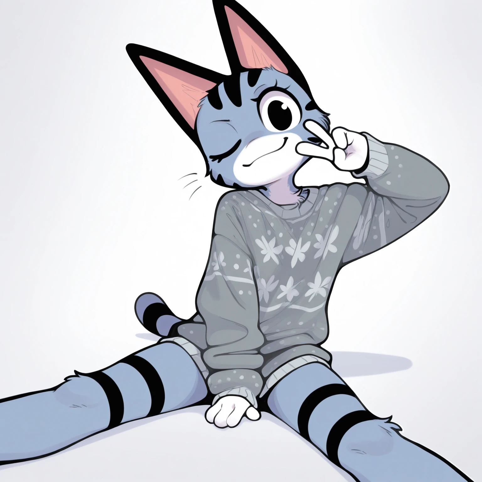 adult, feline, mammal, anthro, anthropomorphic, cat, striped, fur, furred_anthro, femboy, male, light_blue, pink_ears, ear_tufts, purple, paws, hair_tuft, hair_between_eyes, long_tail, fluffy, gentle_expression, expressive_eyes, slightly_smiling light_blue_hair, light looking_at_viewer, blue_fur, shy, small_pupils, spotted_pattern, stripes, tiger_stripes, digital_art, high_resolution, high_res, background shy, lying_down, relaxed_pose, one_arm_supporting_head, seductive_face, thigh_high, thigh_high_socks, blue_thigh_high_socks, light_blue_and_white_striped