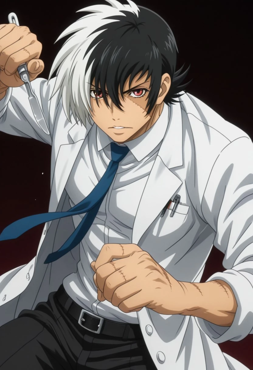 High quality, high definition, very clear, perfect eyes, perfect anatomy, anime, anime screencap, anime coloring, anime official art, 1male only, 1boy only, male focus, solo male, handsome, very attractive male, sexy, cute, charming, front view, front shot, facing viewer, looking at viewer, tall body, tall height, Kuroo Hazama, two-tone hair, multicolored hair, red eyes, face stitch scar, multiple body stitch scars, long white lab coat, white collared undershirt, tucked in shirt, blue necktie, belt, black pants, hunk body, well-built figure, ((medical scalpel, holding medical scalpel, medical scalpel on hand)), action pose, fight stance, moving action, dynamic shot, dynamic pose, white simple background