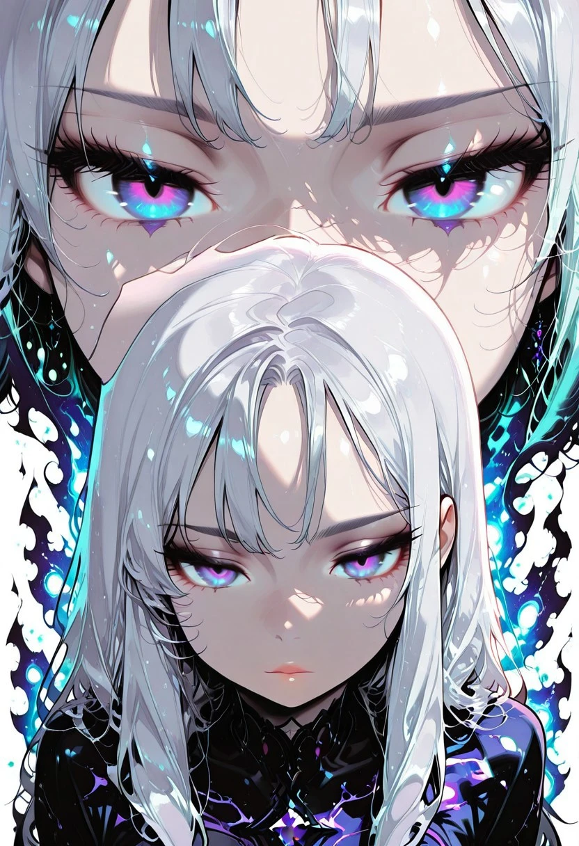 masterpiece, best quality, very aesthetic, Banji Style, white background, dramatic lighting, multiple view, half close-up, random pose, random angle, random focus, 1girl (DRG Banji), enchanted aura particles, dark ambient fog, ultra detailed, cinematic NSFW render,