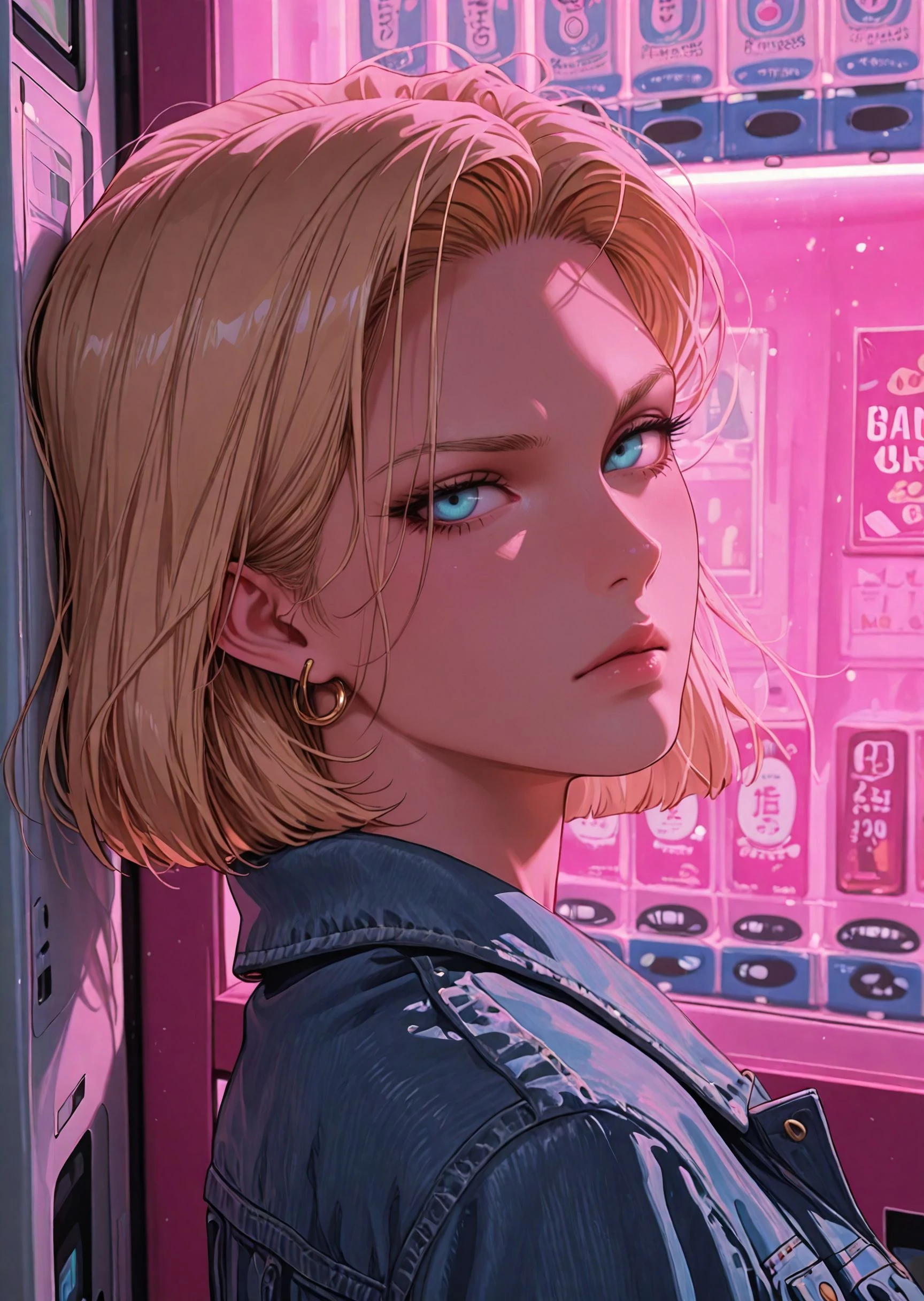 masterpiece, best quality, amazing quality, very aesthetic, masterpiece, best quality, amazing quality, very aesthetic, detailed eyes, perfect eyes, realistic eyes, BREAK, android 18, leaning her back against a vending machine, denim jacket, serious face, neon pink theme, face focus, close up
<lora:RSTHTC_Style__Illustrious:.8>