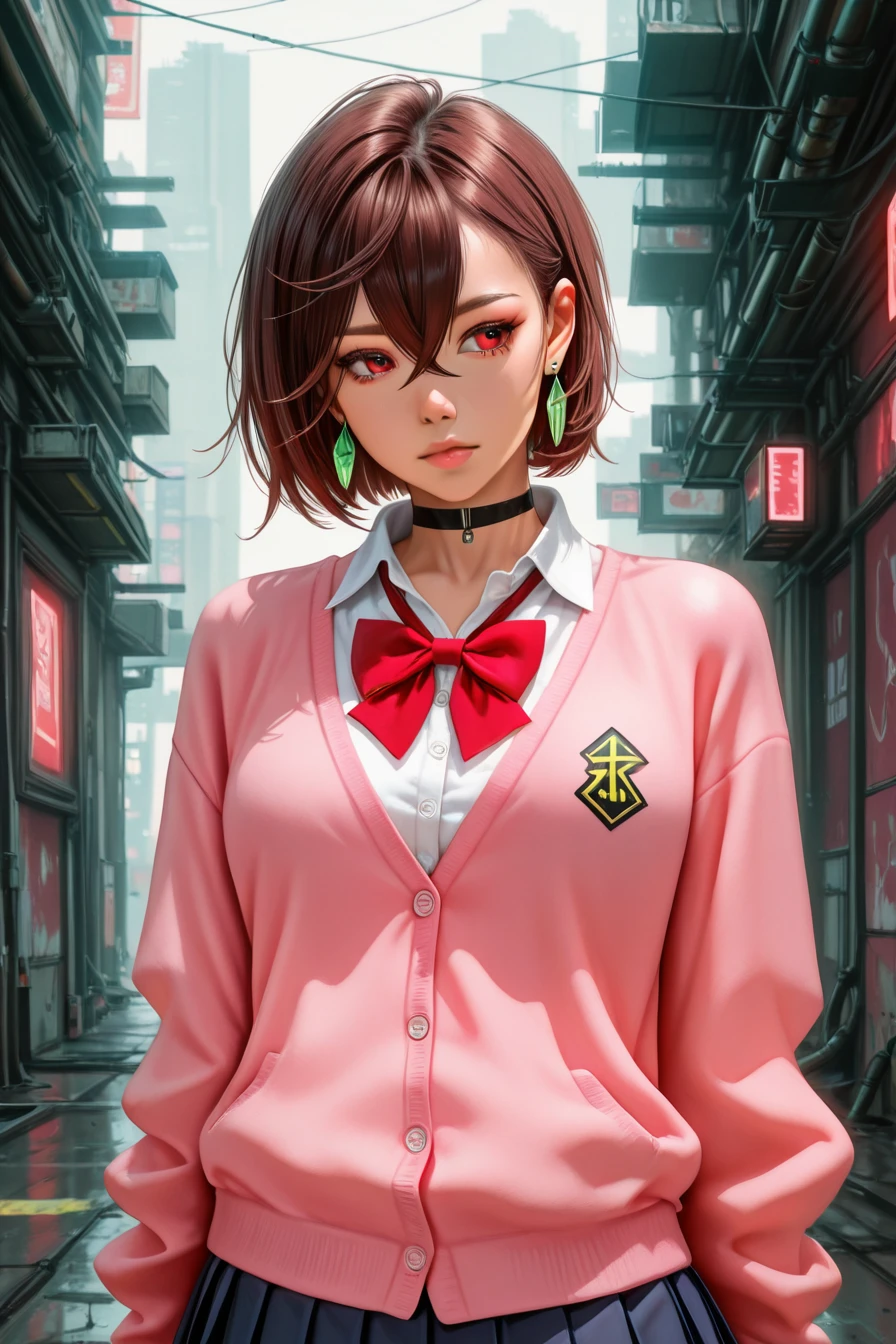 <lora:ayase_momo-koto-Illustrious v01:0.4> ayasemomo, hair between eyes, crossed bangs, green earrings, brown hair, red eyes, black choker, short hair, white shirt, red bowtie,pleated skirt,school uniform, pink cardigan, long sleeves, 1girl, solo, alone, <lora:neon_biomech_style_illustiousXL-000031:1>, cyberpunk, realistic, masterpiece, highres