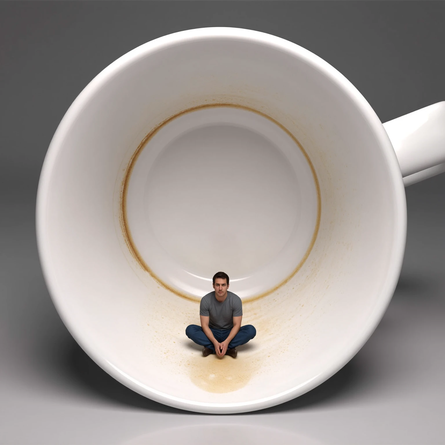 Hyper-realistic 3D render in soft studio lighting, created with a physically-based rendering engine, emphasizing surface detail and lighting subtleties, with muted background for strong subject focus.
In a 1:1 square frame, an ant-sized man wearing jeans and a gray T-shirt sits cross-legged on the porcelain floor of a large, empty coffee cup. The cupâs white interior curves up like towering canyon walls around him. He leans slightly forward, elbows on knees, casting a soft shadow onto the curved surface. A faint coffee ring stain surrounds him like a sunken pit. The outside world is visible only as a diffused light source overhead, softening every edge. Tiny scratches and ceramic glaze imperfections are clearly visible. A subtle reflection of the man shimmers near his feet due to leftover moisture inside the cup.