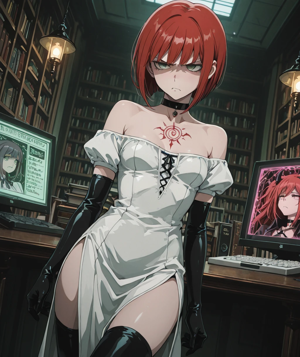 masterpiece, best quality, absurdres, <lora:cryostyle:0.8>, cryos2 ,   This is an anime screencap from Danganronpa 3.  , <lora:Devil_Survivor_Megaten_Megapack:0.4> , Dutch angle , Variations , annoyed  , 1girl,choker,devil_survivor_(series),devil_survivor_1,dress,elbow_gloves,breasts, small_breasts, gloves,green_eyes,harusawa_yoshino,off_shoulder,red_hair,short_hair,side_slit,tattoo,thighhighs,white_dress,megaten , library_interior, towering_bookshelves, reading_tables_overturned, computers_displaying_demon_summoning_programs, ancient_occult_texts, magical_girl_manga_collections, pink_energy_reading_lamps, transformation_study_carrels, costume_research_materials, magical_spell_reference_books, supernatural_knowledge_repository, reality_manipulation_manuals, dimensional_library_archives, forbidden_knowledge_sections
