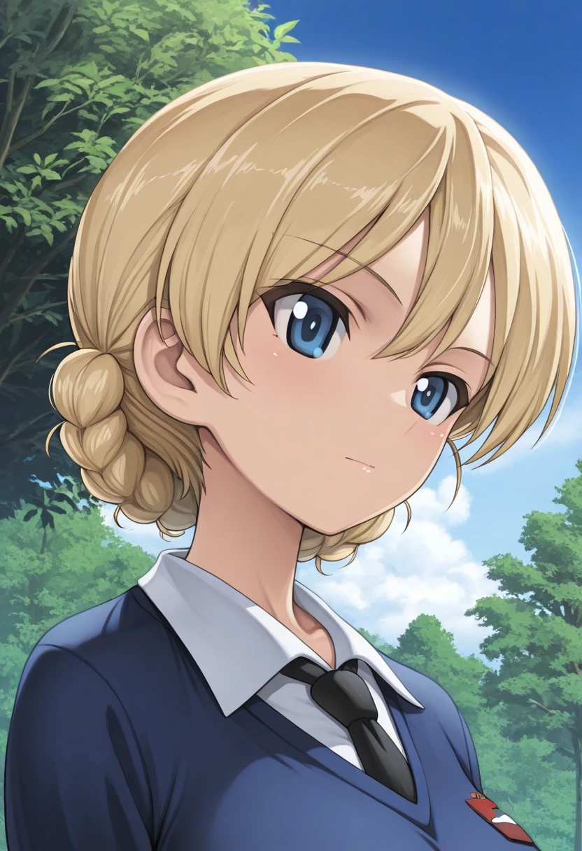 masterpiece,best quality,amazing quality, darjeeling (girls und panzer), short hair, blonde hair, blue eyes, 1girl, st. gloriana's school uniform, school uniform, solo, necktie, blue sweater, braid, black necktie, v-neck, sweater, day, shirt, tree, sky