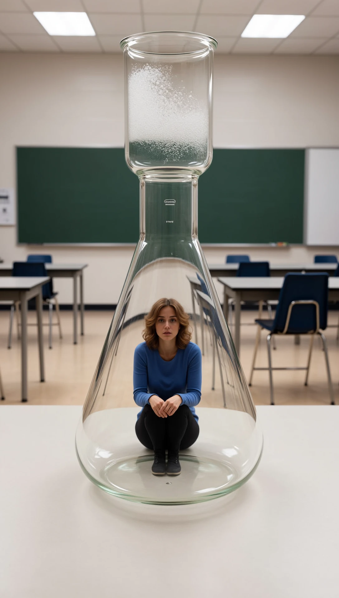 Mid-2000s digital photo with soft ambient lighting and slight color desaturation typical of institutional fluorescent bulbs, taken on a smartphone camera with a shallow depth of field and slight chromatic aberration near edges.
In a vertical 9:16 frame, a shrunken womanâant-sized and dressed in a blue long-sleeve shirt and black leggingsâsits with her knees drawn up under an overturned, crystal-clear lab beaker. The beaker rests on a pale laminate lab table inside a silent, empty high school science classroom. Sheâs surrounded by blurred reflections and distortions through the curved glass, which slightly magnify and warp her expression of cautious fear. Her hair is tousled, and condensation begins to form inside the container. Looming around her, giant furnitureâvacant stools, metal-legged lab benches, a blackboard across the roomâcasts static shadows in the sterile lighting. Dust specks rest atop the glass surface, catching the glare from a ceiling fixture.
