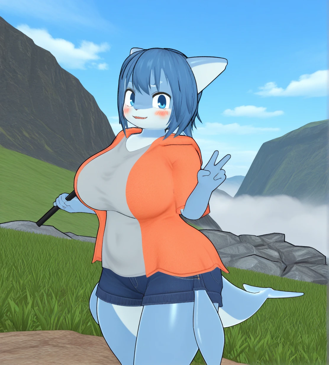 Shark girl, very sexy, big breasts, Wearing a short white sports shirt and shorts, Stick out your tongue and drool.