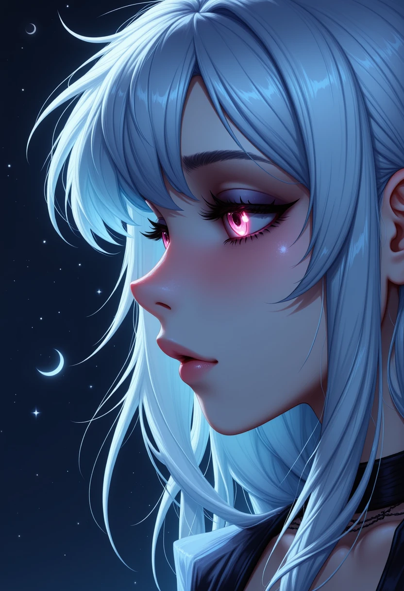 A masterpiece, best quality illustration in newtooncore style: a close-up side profile of a girl with pale skin and long silver hair gently tousled by a soft wind. Dim moonlight softly illuminates her face, casting shadows that enhance her subtle melancholy expression. One eye glows faintly, adding an air of quiet intensity. She wears a delicate gothic choker, and the deep night atmosphere envelops her, creating a mood of serene mystery and introspective calm.
