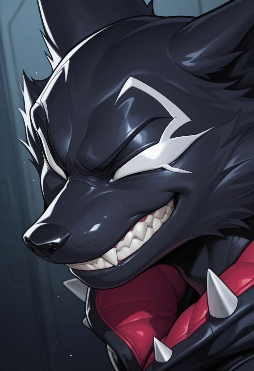 masterpiece,best quality,amazing quality, 1boy,solo,R0cket Rac00n,V3nomiz3d,face focus,side angle,smirk