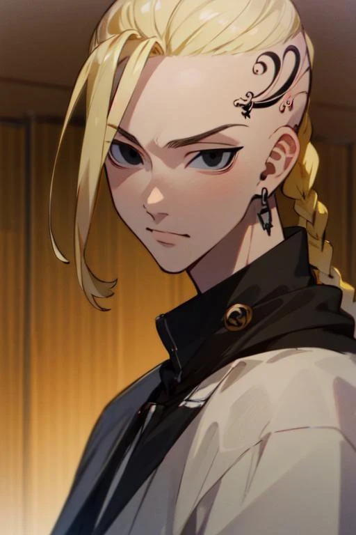 (best quality:1.1), (masterpiece:1.4), wallpaper, looking at viewer, upper body, depth of field, , , 1boy, solo, male focus, <lora:ken_ryuuguuji:0.84>, ken_ryuuguuji, blonde hair, black eyes, single braid, tattoo, single earring, , burglar costume, mall, 4k resolution