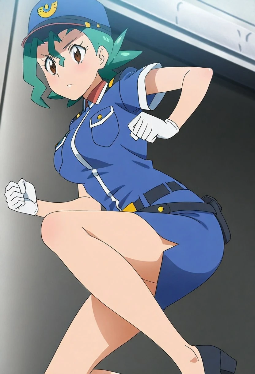 score_9, score_8_up,    jenny (pokemon), police uniform, belt, pencil skirt, white gloves, high heels .     source_anime  Bibl3  .  in office      . wearing  ,   good eyes.  detailed .     .   huge breast     .    .   on knees. magic circle .  female expressionless . smile . open mouth . blank eyes . viewed from above