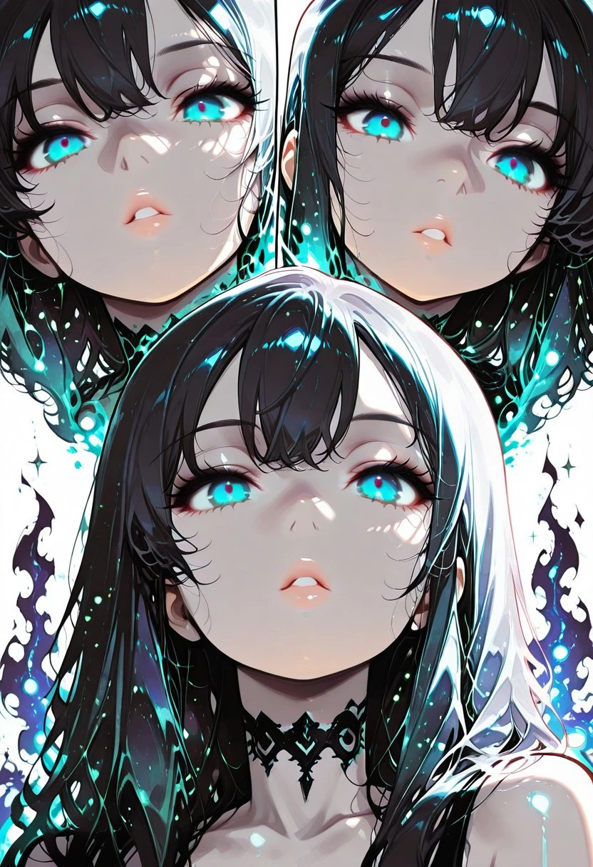 masterpiece, best quality, very aesthetic, Banji Style, white background, dramatic lighting, multiple view, half close-up, random pose, random angle, random focus, 1girl (DRG Banji), enchanted aura particles, dark ambient fog, ultra detailed, cinematic NSFW render,