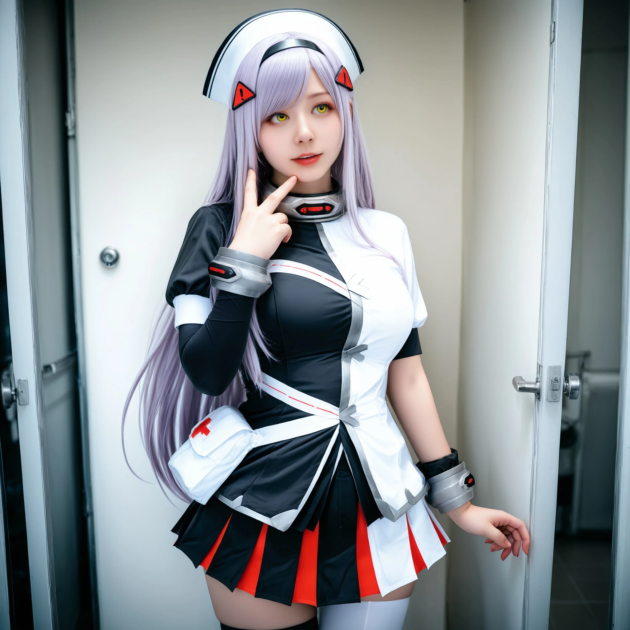 (realistic:1.4),(masterpiece), best quality, expressive eyes, perfect face, waist bag, wrist_cuffs, collar, nurse cap, dress, asymmetrical legwear, asymmetrical clothes, hair ornament, long right sleeve short left sleeve, thighhighs, solo, 1girl, black_lilith, <lora:yubo:0.7>, amateurcosplay photo, an asian woman, real skin, cosplay, , <lora:37f6ed25-40e1-49c2-8cec-c2e21fd88149:0.6>, <lora:6b5a2e75-0d27-4b53-947b-f9f9bef8b7c7:0.6>, <lora:b3d27c26-977f-4c72-9b2b-e6e0b18ec317:0.6>, yellow eyes,, <lora:8840645a-2cd4-4cb5-9c56-c099229e6613:1.0>, <lora:584554b1-5638-4ae3-a13c-f32e986cc10d:1.0>