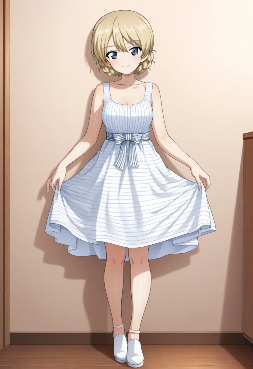 masterpiece,best quality,amazing quality, darjeeling (girls und panzer), short hair, blonde hair, blue eyes, 1girl, solo, white footwear, dress, white dress, smile, looking at viewer, striped, braid, collarbone, full body, standing