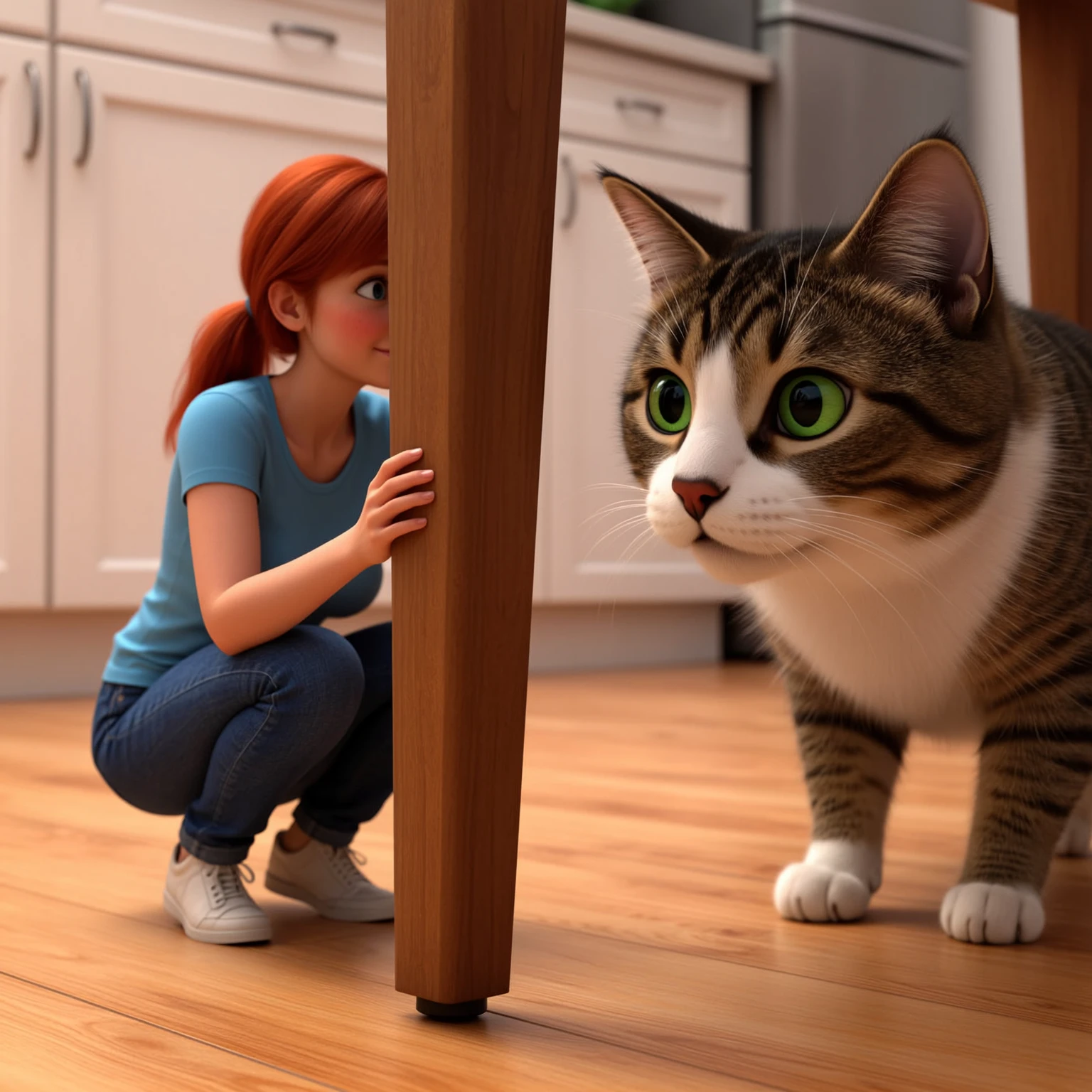 Stylized 3D Pixar/Disney-inspired render with bright colors, soft edges, exaggerated forms, and a storytelling-focused composition.
In a 1:1 square frame, a red-haired woman with her ponytail tucked behind her shoulder crouches behind the wide leg of a kitchen table. She wears a soft blue tee and rolled-up jeans. Her proportions are miniatureâabout the size of a paperclip. The polished wooden floor gleams under bright ambient light. On the other side of the table leg, a large, curious domestic cat with wide eyes and twitching whiskers creeps closer, its nose nearly brushing the ground. The catâs fur looks plush and cartoonishly expressive.