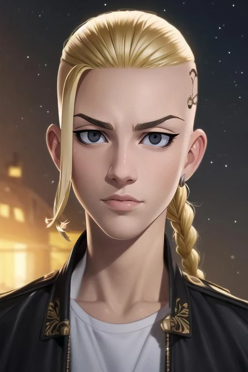 photorealistic, (4k), depth of field, (Masterpiece), (realistic skin texture), extremely detailed, intricate, hyper detailed, high resolution, professional photography, , depth of field, sharp detail, best quality, looking at viewer, 1boy, solo, male focus, <lora:ken_ryuuguuji:0.98>, ken_ryuuguuji, blonde hair, black eyes, single braid, , , gakuran, texan costume, space opera, 32k resolution