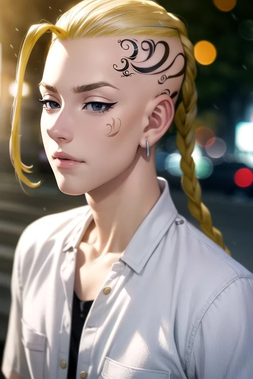 photorealistic, (4k), depth of field, (Masterpiece), (realistic skin texture), extremely detailed, intricate, hyper detailed, high resolution, professional photography, bokeh, depth of field, sharp detail, best quality, , 1boy, solo, male focus, <lora:ken_ryuuguuji:0.92>, ken_ryuuguuji, blonde hair, black eyes, braided ponytail, tattoo, , gakuran, , The Kingdom of the Unicorn,