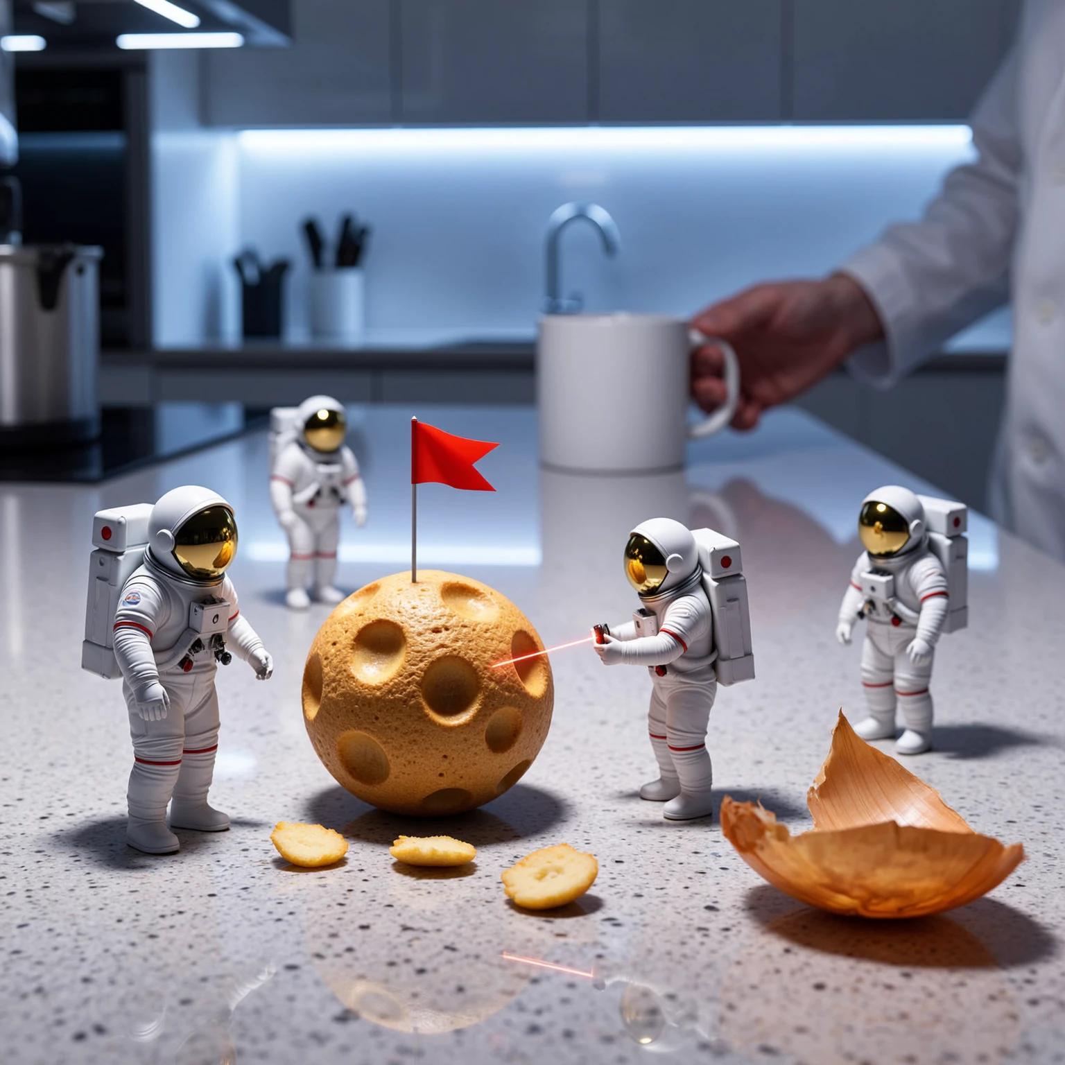 Mid-21st century concept art in ultra-detailed 3D-rendered photorealism, inspired by NASA promotional illustrations and high-end product photography, lit with cool-toned overhead LEDs simulating artificial laboratory lighting.
Shot in a 1:1 frame, the scene focuses on a hyperrealistic granite kitchen counter under bright, sterile lights. A group of ultra-small astronautsâeach in reflective white suits with chrome visors and articulated jointsâstand among scattered food crumbs, which appear as boulder-sized objects. One crumb, resembling a meteorite, is being scanned with a laser instrument while another astronaut plants a miniature flag. A shard of onion skin looms like a wind-ravaged cliff nearby. Thereâs depth of field blur in the background where a blurred human hand reaches casually for a coffee mug, unaware of the micro-exploration taking place nearby. Reflections bounce subtly off the polished granite, and small lens flares sparkle off metallic gear.