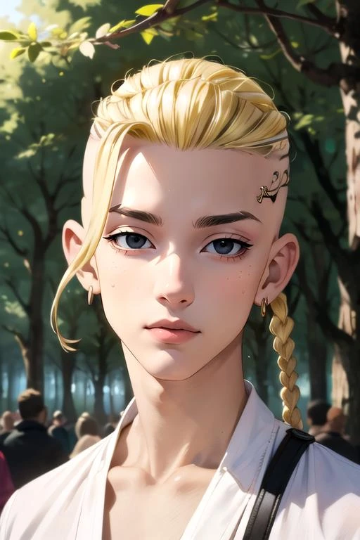 (best quality:1.1), (masterpiece:1.4), wallpaper, , upper body, depth of field, ligne claire, , 1boy, solo, male focus, <lora:ken_ryuuguuji:0.82>, ken_ryuuguuji, blonde hair, black eyes, single braid, , earrings, , , The Forest of Mirrors: A place where reality is distorted and nothing is as it seems,