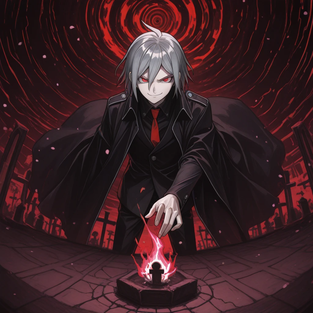 masterpiece, best quality, absurdres, <lora:Hyperrealistic_illustrious:1>, 7A3IFRHPR_illu, ligne claire, dynamic pose, abstract element, abstract background ,   This anime screencap is from Danganronpa the Animation.  , <lora:Devil_Survivor_Megaten_Megapack:1> , High up , Fisheye , smirk  , 1boy,cloak,devil_survivor_(series),devil_survivor_1,grey_hair,naoya_(devil_survivor),red_eyes,solo,megaten, formal_clothes,necktie,red_eyes,solo,suit , cemetery_grounds, traditional_japanese_tombstones, incense_burning_stations, flower_offerings_wilted, memorial_photographs_cracked, demon_necromancy_sites, magical_girl_memorial_services, pink_energy_grave_markers, transformation_among_cherry_blossoms, costume_funeral_fashion, magical_resurrection_attempts, supernatural_communion_with_dead, reality_between_worlds, dimensional_afterlife_gateways