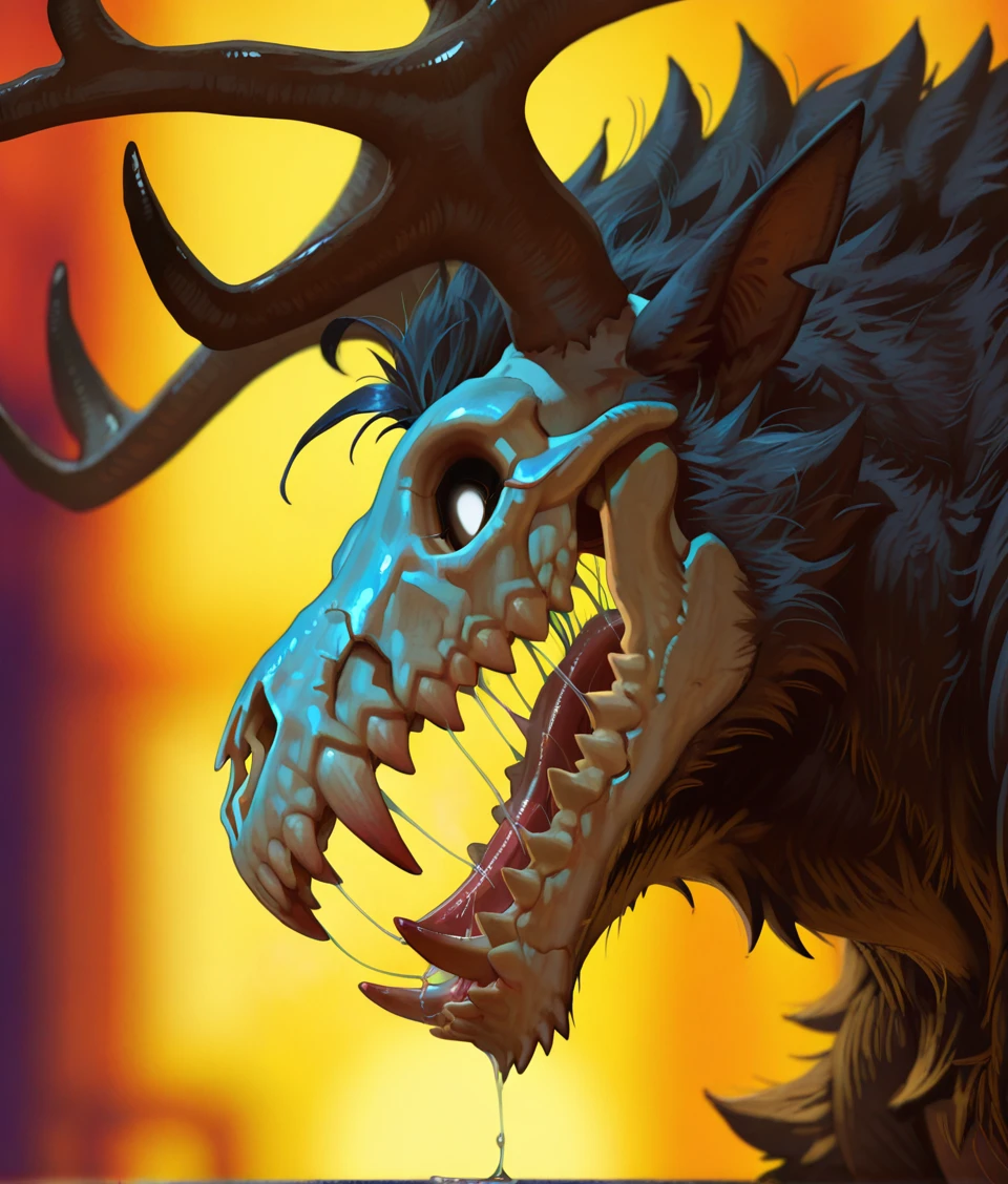 masterpiece, best quality, perfect quality, very awa, absurdres, newest, very aesthetic, absolutely eye-catching, intricate details, solo, 
 ((blurry background)), (close up), portrait, three quarter view, side view, roar, saliva, drool, drooling, saliva strand, flying spittle, 
w3ndigo,wendigo,horror (theme), monster, creature, black fur, horns, skull face, antlers, glowing eyes, sharp teeth, muscular, hair, black skin, 
<lora:Wendigo for Illustrious:0.7>, <lora:zoroj_ill11:0.6>,<lora:Bubblewolf Style Noob V1:0.5>, <lora:taran_fiddler_IL:0.3>, <lora:SemirealisticIL:0.3>