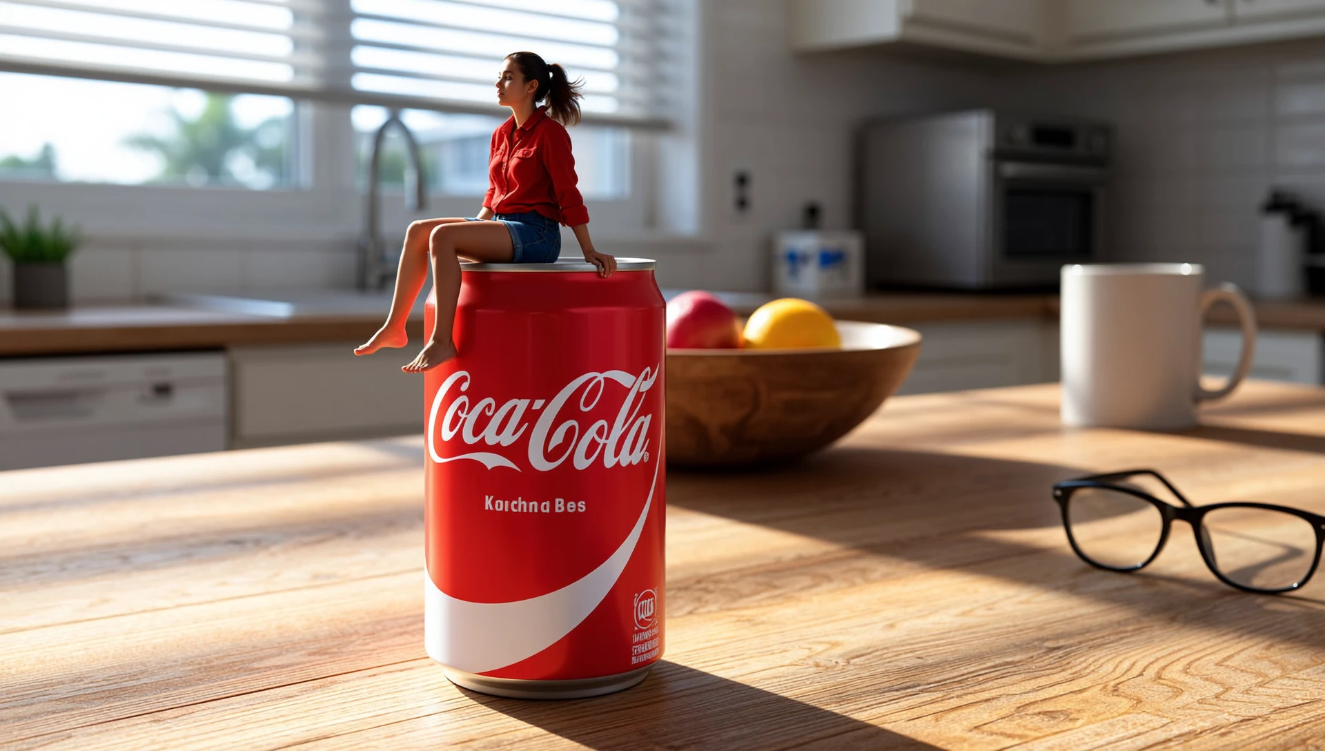 Late 2010s smartphone photo, naturally lit with morning light spilling in from an unseen kitchen window, captured in shallow focus with warm white balance and slight digital grain.
In a wide 16:9 horizontal frame, an unopened Coca-Cola can rests on a rustic wooden kitchen table, its cold aluminum catching highlights from sunlight streaming through blinds. Seated on top of the canâs convex lid, an incredibly tiny woman in a red flannel shirt and denim shorts dangles her legs over the edge. Her ponytail lifts slightly in a breeze from a nearby fan. The tableâs wood grain is massive next to her, and specks of dust look like stones scattered around. Farther behind, a blurry fruit bowl and ceramic mug create an overwhelming background. A pair of reading glasses sits nearby, their lens reflecting just a hint of her tiny silhouette.