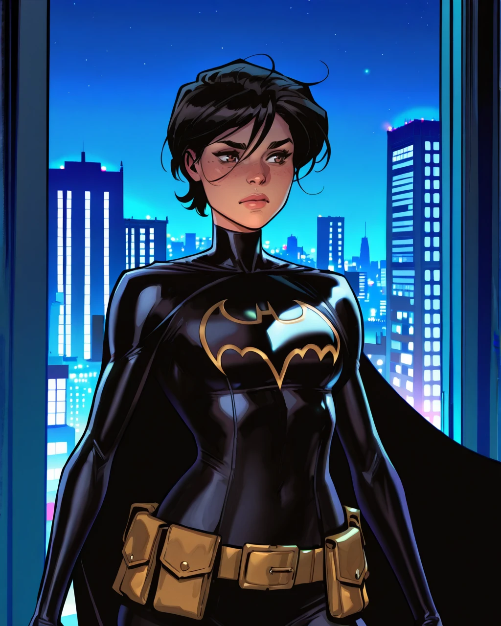 1female , undercut hair , wavy hair ,short hair, black Hair , golden Eyes , muscular ,teen female , Serious Expression , Modern City Background , Big symbol on chest, modern city background, upper body, superman shirt, arm, black arm sleeves, superhero suit, Superman S Symbol, lesbian, blonde highlights, black leotard outfit, big red S symbol