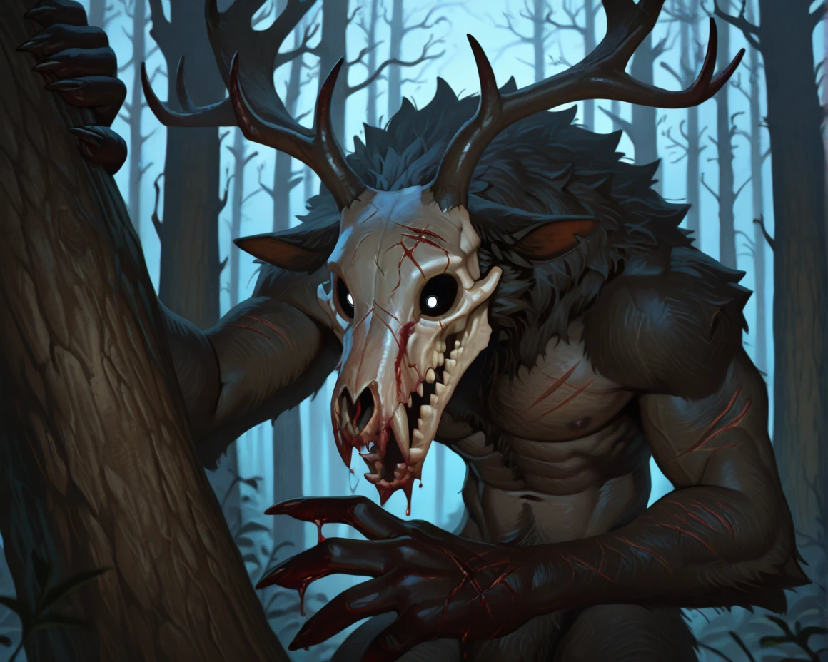 masterpiece, best quality, perfect quality, very awa, absurdres, newest, very aesthetic, absolutely eye-catching, intricate details, solo,
creepy forest, behind tree, blood, scars, scary, stalking, following, ((far away)), (in the distance),
w3ndigo,wendigo,horror (theme), monster, creature, black fur, horns, skull face, antlers, glowing eyes, sharp teeth, muscular, hair, black skin, digitgrade,
<lora:Wendigo for Illustrious:0.7>