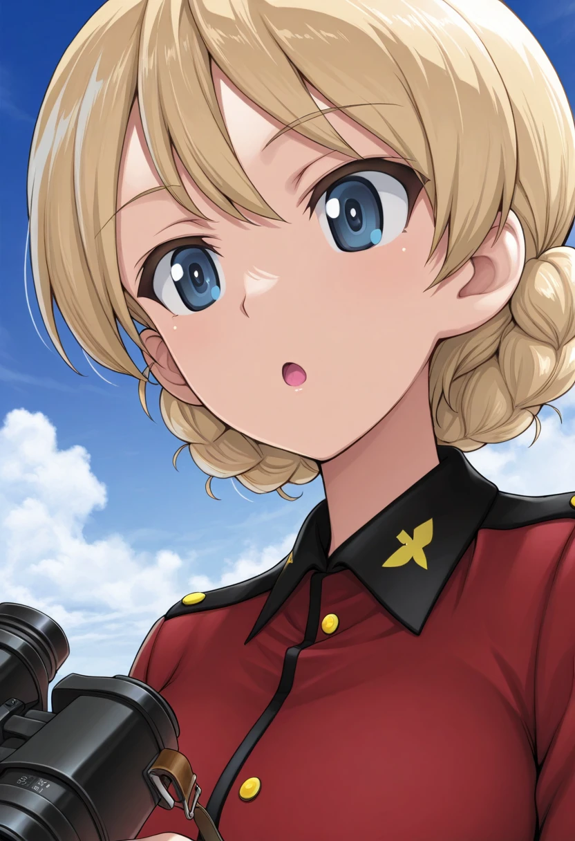 masterpiece,best quality,amazing quality, darjeeling (girls und panzer), short hair, blonde hair, blue eyes, 1girl, solo, sky, st. gloriana's military uniform, cloud, braid, day, uniform, military, military uniform, binoculars, camera, jacket, open mouth