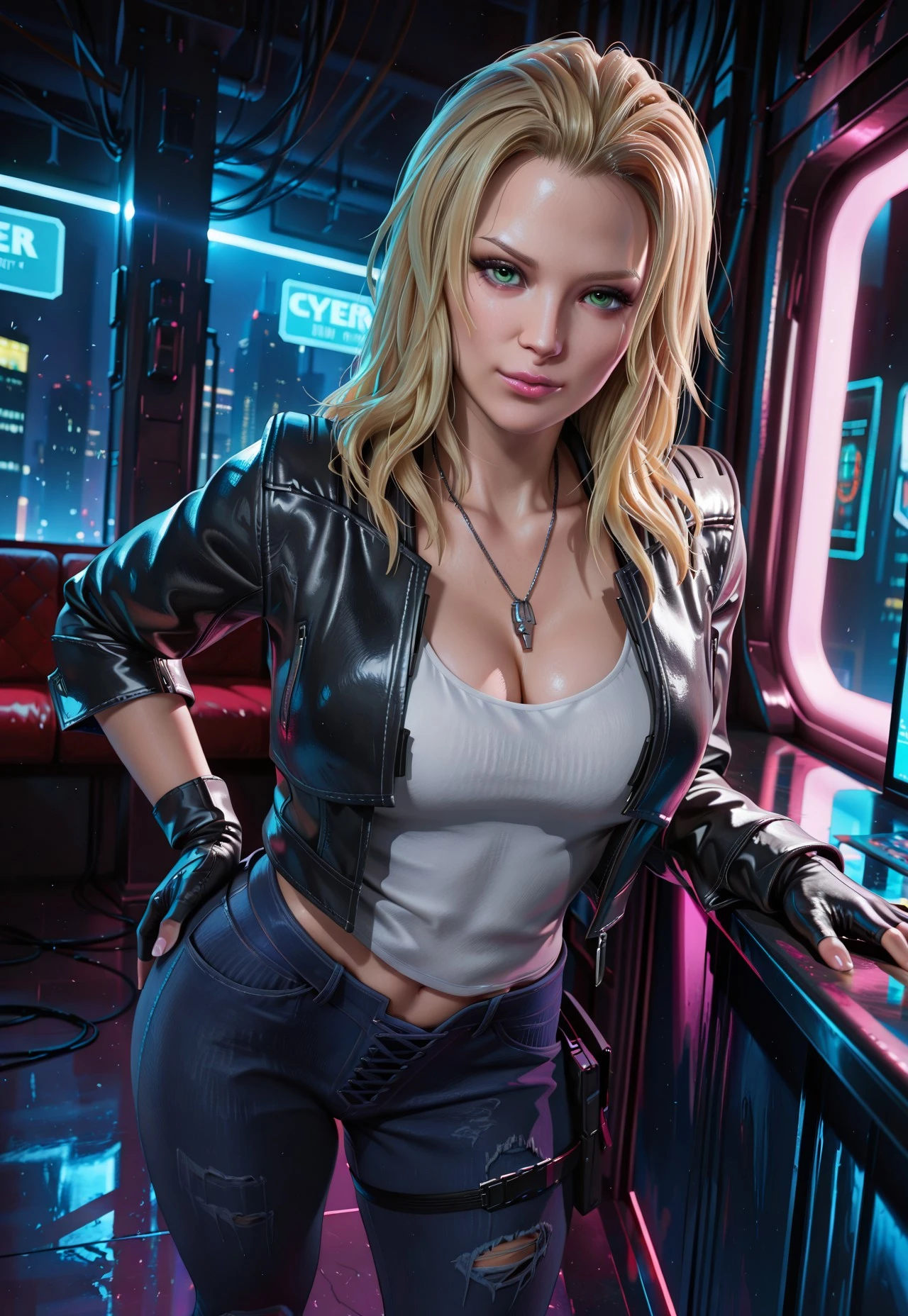 Simpatic German woman (violet Leather Jacket With Rivets:1.3), a bra, dark grey hair, zippers, (open zipper:1.1), (erotic:1.2), (sexy:1.3), (spaceship:1.5), small command room, (neon lights:1.3), best quality, raw, masterpiece, super fine photo, best quality, super high resolution, photorealistic realism, sunlight, full-body portrait, delicate face, vibrant eyes, detailed face, stars background, gorgeous, highly detailed skin, realistic skin details, visible pores, sharp focus, volumetric fog, high quality, photo realism, seen from below, translucent, voluptuous, sensual, lascivious, dominant, (sexual:1.3), sexy, romantic, high quality, film grain, Cinematic Light, sidelighting, Lens Flare, Ray tracing, detailed face, detailed complex stars background, realistic skin details, visible pores, sharp focus, volumetric fog, 8k uhd, DSLR camera, overexposed light