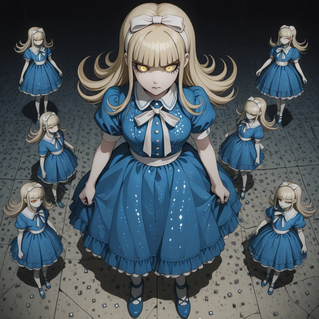 masterpiece, best quality, absurdres, <lora:cryostyle:0.8>, cryos2 ,   This anime screencap is from Danganronpa the Animation.  , <lora:Devil_Survivor_Megaten_Megapack:0.4> , Multiple views , Atmospheric perspective , frustrated  , 1girl,alice_(megami_tensei),blonde_hair,blue_dress,blunt_bangs,bow,demon_(megami_tensei),dress,eyelashes,flipped_hair,hair_ribbon,hairband,long_hair,megaten,puffy_sleeves,ribbon,shin_megami_tensei,short_sleeves,solo,yellow_eyes, shoes, blue_shoes , electronics_district, akihabara_style_shops, anime_merchandise_stores, figure_display_cases_broken, cosplay_shop_interiors, sewing_machines_abandoned, fabric_rolls_scattered, costume_patterns_torn, magical_girl_outfit_designs, transformation_device_schematics, pink_thread_spools, sequins_scattered, magical_accessories_crafting_area, supernatural_enhancement_workshop, reality_manipulation_tools, dimensional_fabric_samples