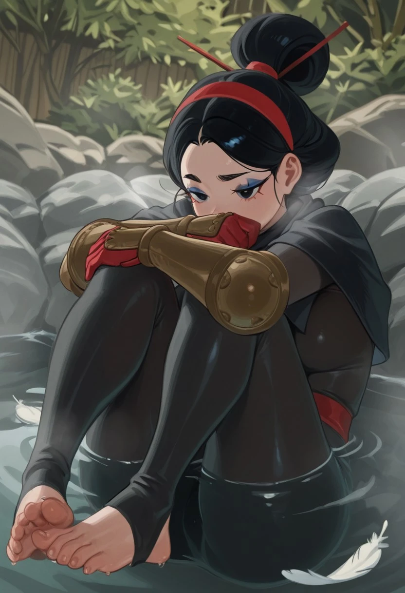 nia294, outdoors, undershirt, falling feathers, black , hair stick, hugging knees, knees to , gauntlets, eyeshadow, red gloves, two sides up, black capelet, red hairband, black eyes, 1girl, solo, feet, visible breath, dynamic angle, foreshortening, smell, steam, onsen, water