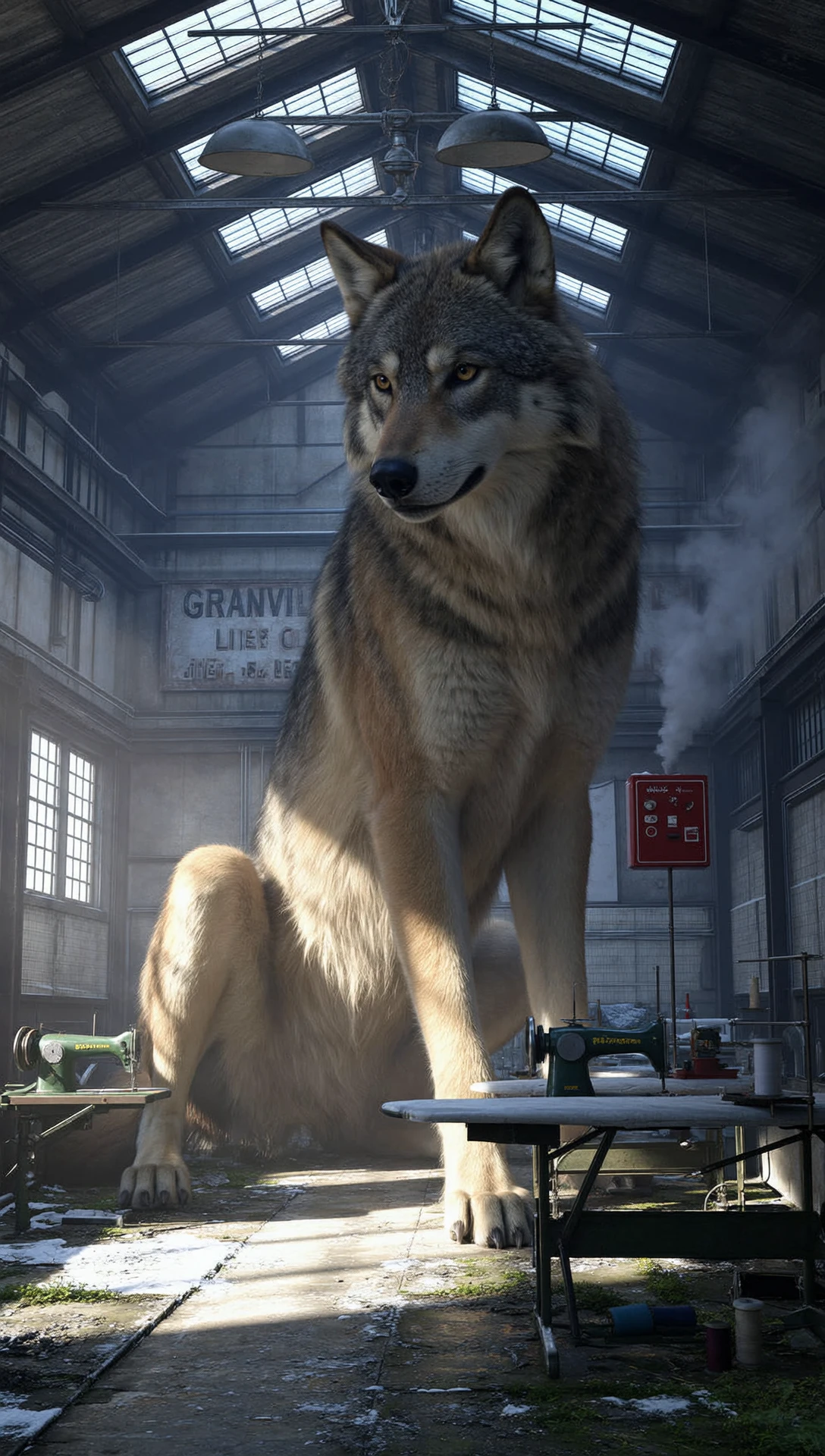 Extremely tall giant wolf crouched inside an abandoned textile mill, its fur matted with dust and light snow thatâs drifted in through broken skylights above. The wolfâs amber eyes glow faintly in the twilight-filtered gloom, illuminating shattered sewing machines and overturned spools of thread littering the cracked tile floor. One clawed paw presses delicately on a bent ironing table, the pads caked in ash and rust flakes. Despite its scaleâtowering up into the darkened raftersâit moves with eerie grace and silence, head tilted slightly as if listening for a sound far beyond human range.
A defunct fire alarm box is embedded in the side of its chest from a recent, confused movement. Its breath fogs the cold interior, mingling with steam rising from a burst pipe. The millâs decaying signage hangs above, partially peeled: âGRANVILLE LINEN CO. â 1924.â Faint snowfall outside adds a dreamlike light to the scene, blending with dust clouds in the air. Everything about the space feels frozen in timeâexcept for the wolf, coiled like a divine intrusion in an otherwise human ruin. The image evokes something primal, mythic, and quietly threatening.