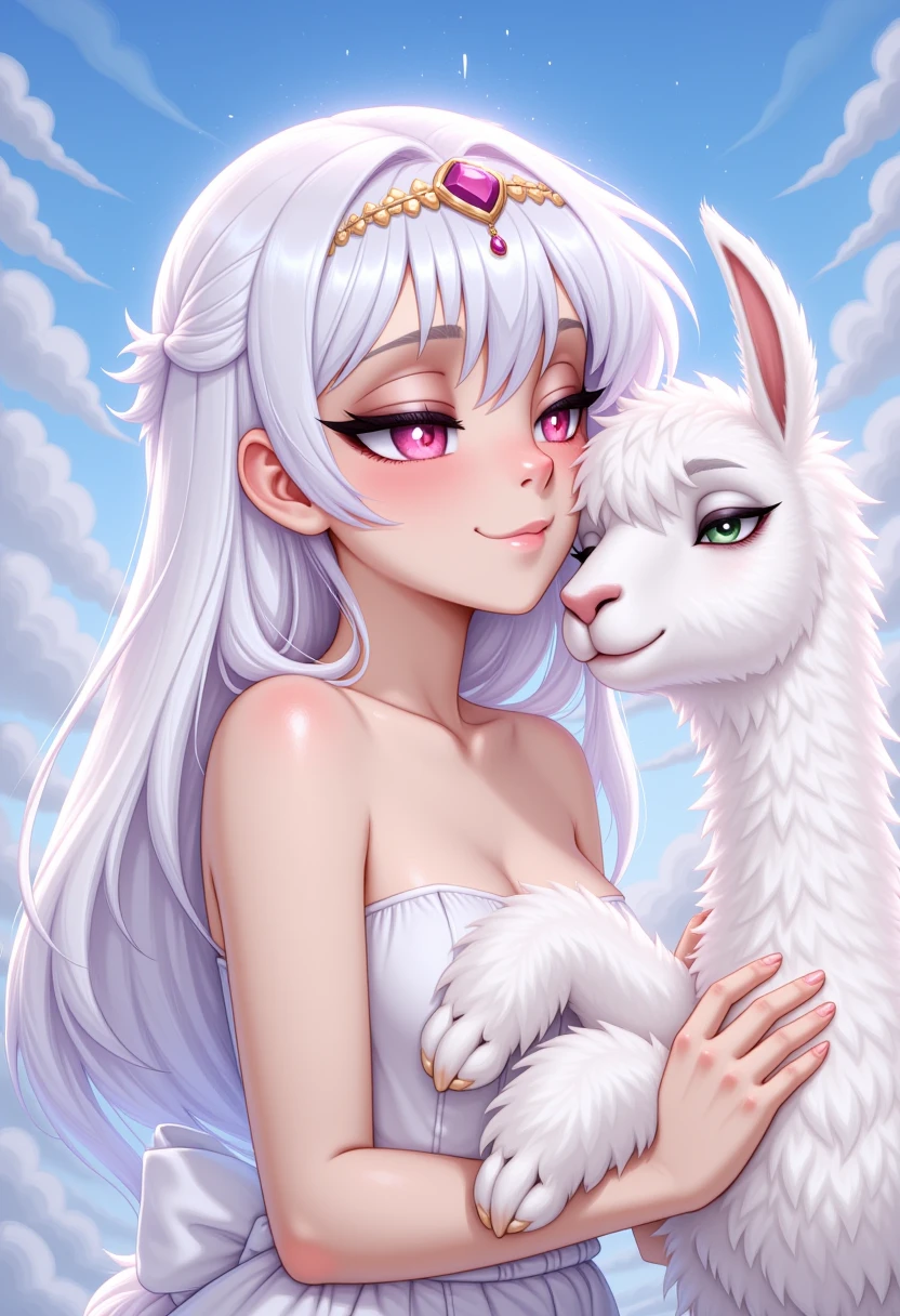 newtooncore, A serene young woman with long, platinum hair adorned with a jeweled headband, gently holding a fluffy white llama. They are bathed in soft, ethereal light amidst a cloudy, dreamlike background. 