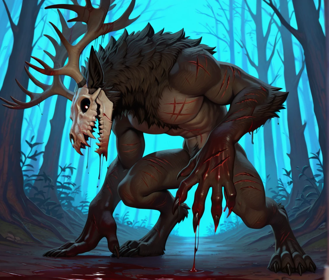 masterpiece, best quality, perfect quality, very awa, absurdres, newest, very aesthetic, absolutely eye-catching, intricate details, solo, 
creepy forest, blood, scars, scary, full body, 
w3ndigo,wendigo,horror (theme), monster, creature, black fur, horns, skull face, antlers, glowing eyes, sharp teeth, claws, muscular, hair, black skin, digitigrade, 
<lora:Wendigo for Illustrious:0.7>