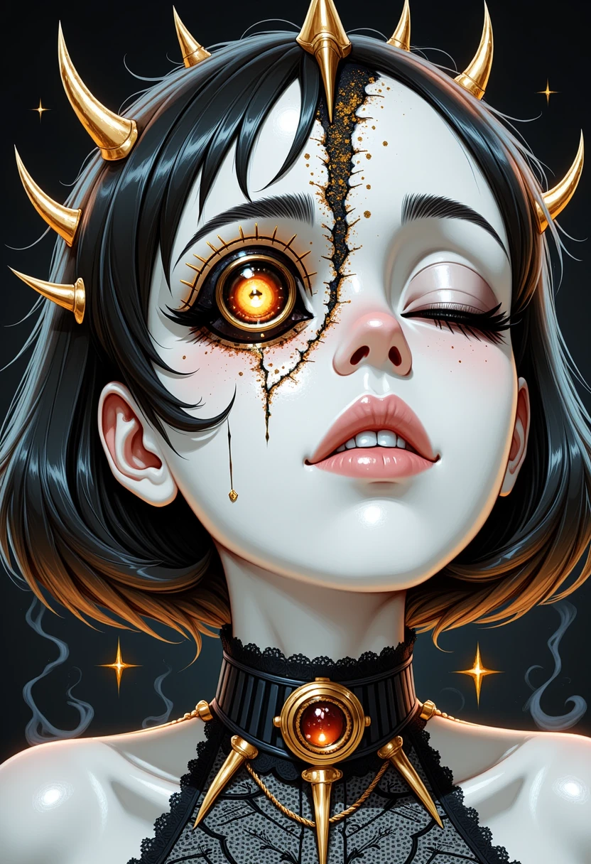 newtooncore,side view, dutch angle, A fractured porcelain face gazes forward in mid-close view, half of it smooth and white, the other half shattered and reconstructed with dark gold staples. One eye is a glowing, vintage camera lens, the other softly closed with hand-painted lashes. Her hair is a jagged bob of hand-inked strokes and oily watercolor smudges. She wears a spiked collar made of bone and lacquer, over a delicate high-neck blouse with frayed lace and printed circuit diagrams. Dust hangs in the air like falling glitter. A faint halo of smoke trails from the cracked side of her head, where faint embers still flicker. She feels divine and disposable — a modern oracle in collapse.