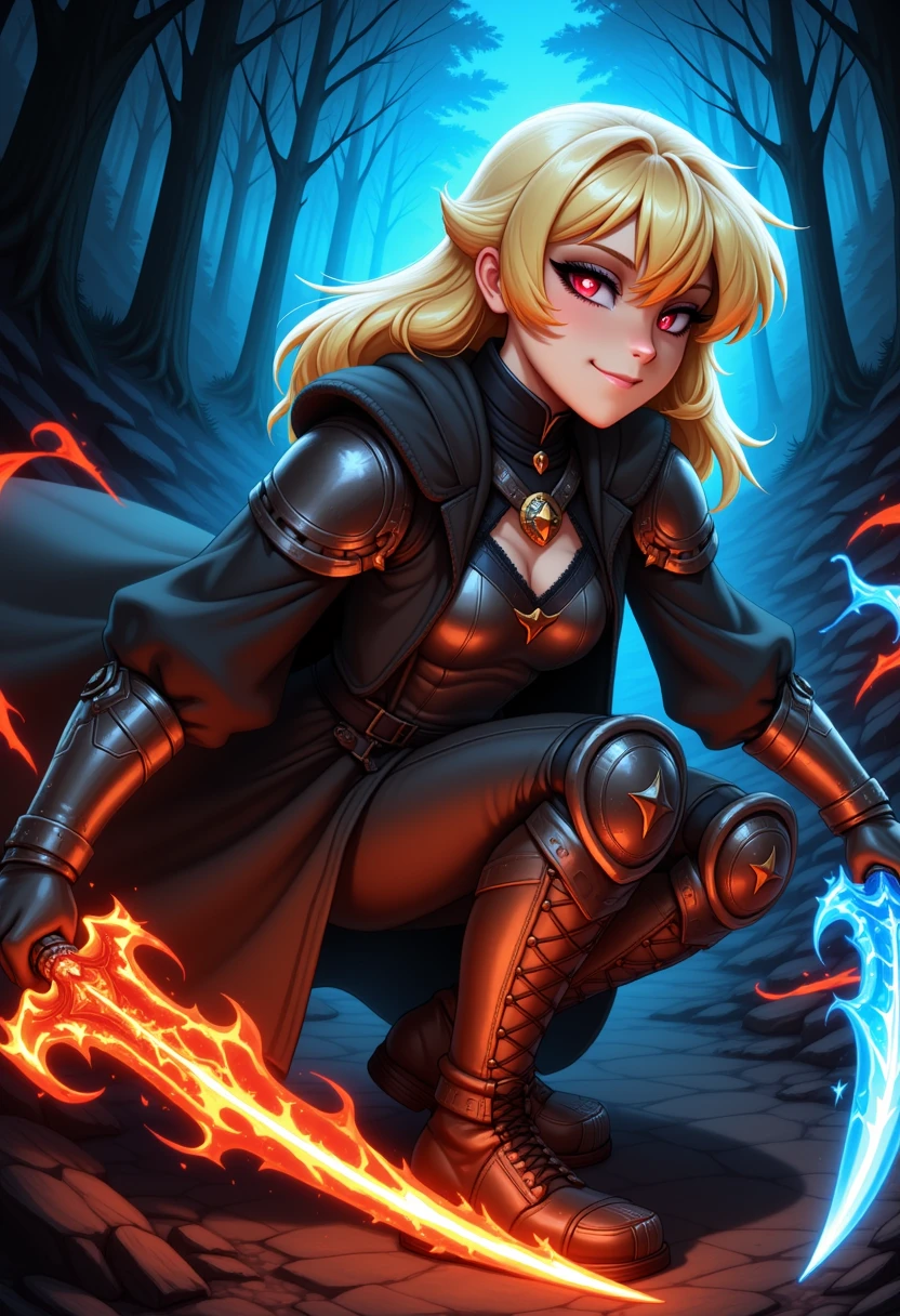 a newtooncore image. A masterpiece, best quality illustration in newtooncore style: a blonde-haired female warrior in a low-angle side view, clad in dark, intricately detailed armor. She crouches in a dynamic pose within a dark enchanted forest shrouded in fog, surrounded by swirling magical energy and glowing embers. She wields dual glowing swords — one a blazing red fire blade, the other a chilling blue ice blade — both radiating intense power. Her intense expression softens into a confident smile as she looks directly at the camera, exuding fierce charm. Dramatic lighting highlights the sharp focus on her detailed leather boots and armor, while the misty, fantasy aesthetic creates a striking atmosphere filled with danger and allure.