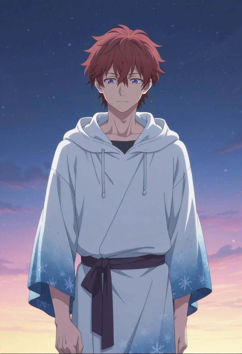 masterpiece, best quality, amazing quality, very aesthetic, high resolution, ultra-detailed, absurdres, newest, colorful, highest detailed, very awa, intricate details, anime screencap, anime coloring, official style,, 1boy, solo, male focus, <lora:yuu_setoguchi_ilxl:1>, yuu_setoguchi, red hair, purple eyes, short hair, , meditating, calm expression, snowy Zen garden, simple robes, crisp twilight, wide shot, raked snow patterns, smooth stones, minimalist design, tranquil, stark, intricate textures, sharp focus, muted colors, clear lines