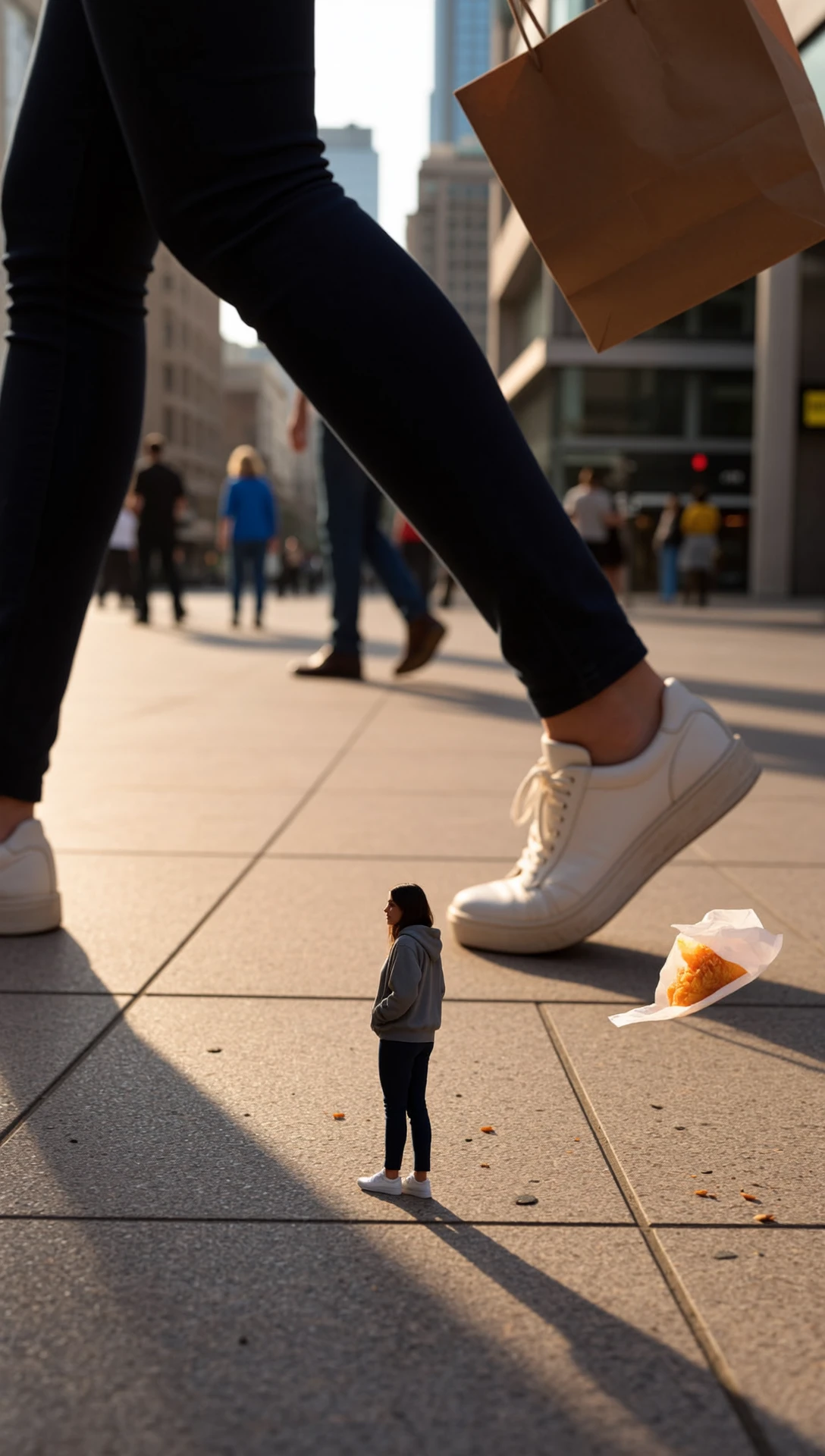 Urban street photo taken at eye level with a 50mm lens, capturing late afternoon city bustle with soft shadows and golden highlights reflecting off surfaces; slight motion blur on passing subjects.
In a tall 9:16 frame, the scene unfolds on a textured concrete pedestrian walkway in a bustling city. At the center, a miniature woman in a gray hoodie and sneakers stands cautiously between colossal human legs striding past her. Blurred pant legs, heels, sneakers, and shopping bags swing above her head as she tries to remain unnoticed. The ground is scattered with darkened gum spots, tiny gravel, and debris that appear enormous next to her feet. Bright sunlight filters through tall buildings, casting fragmented geometric shadows around her. A giant purse swings down momentarily, nearly grazing her head, while the corner of a fast-food wrapper flutters beside her like a wind-swept flag.