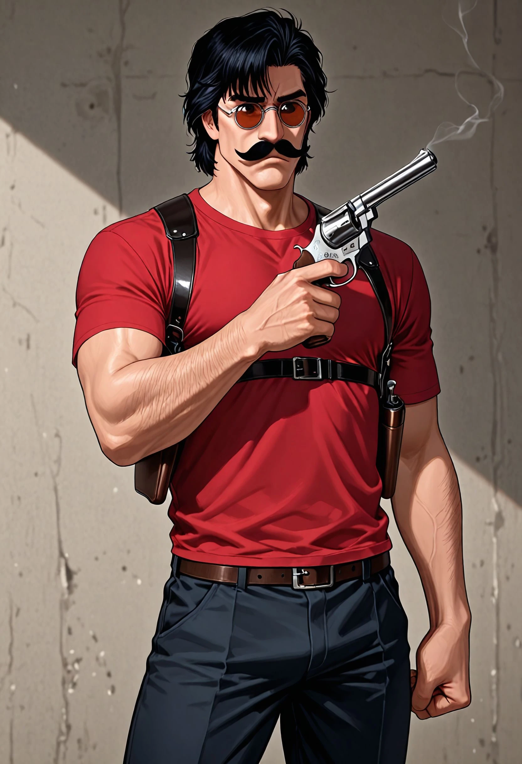 masterpiece, best_quality, amazing quality, newest, illustration, 1man, solo, saeba_ryou, (slim), (slender), clenched hand, holding a revolver, finger on trigger, groucho_glasses, fake mustache, fake nose,  red t-shirt, chest holster, short sleeves, rolled up sleeves